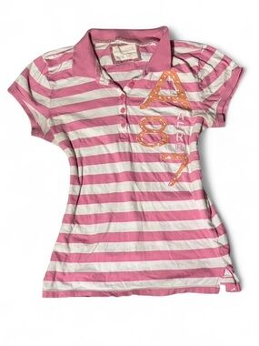 Vintage Aeropostale White and Pink Striped Polo with Embroidery and Backhit